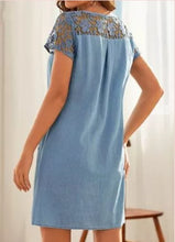 Load image into Gallery viewer, Light Blue Lace Patchwork Denim Mini Dress
