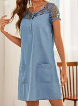 Load image into Gallery viewer, Light Blue Lace Patchwork Denim Mini Dress
