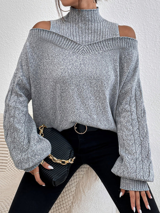 Cold Shoulder Mock Neck Cable Knit Sweater