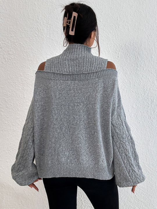 Cold Shoulder Mock Neck Cable Knit Sweater