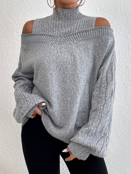 Cold Shoulder Mock Neck Cable Knit Sweater
