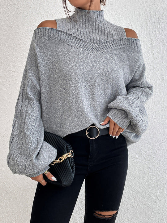 Cold Shoulder Mock Neck Cable Knit Sweater