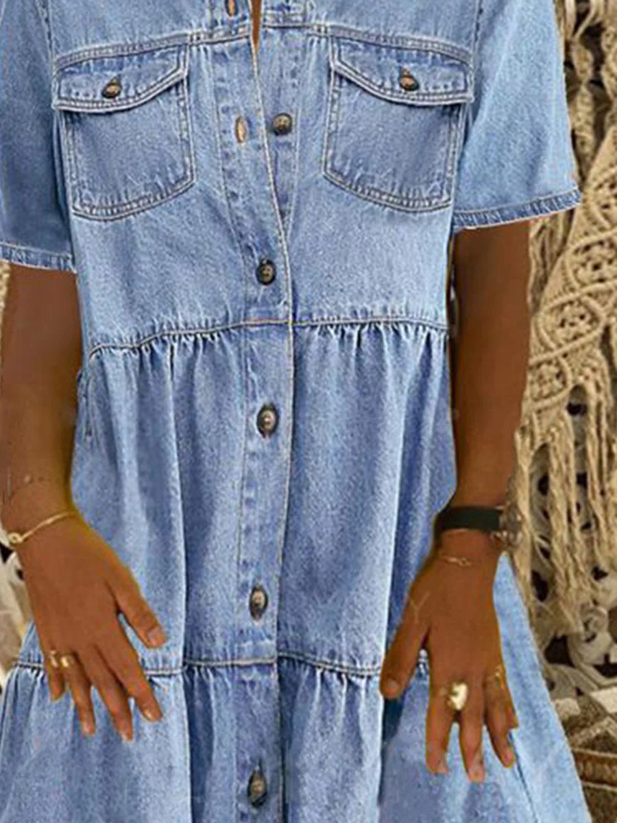 Blue Buttons Down Tiered Denim Mini Dress
