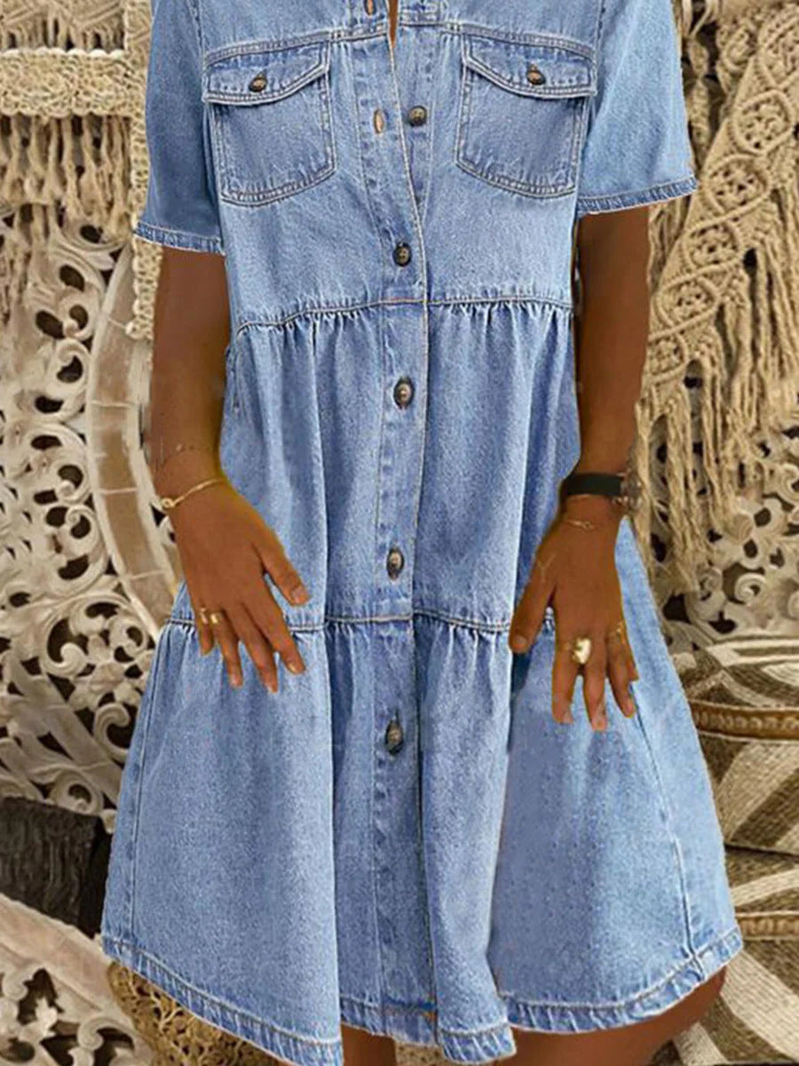 Blue Buttons Down Tiered Denim Mini Dress