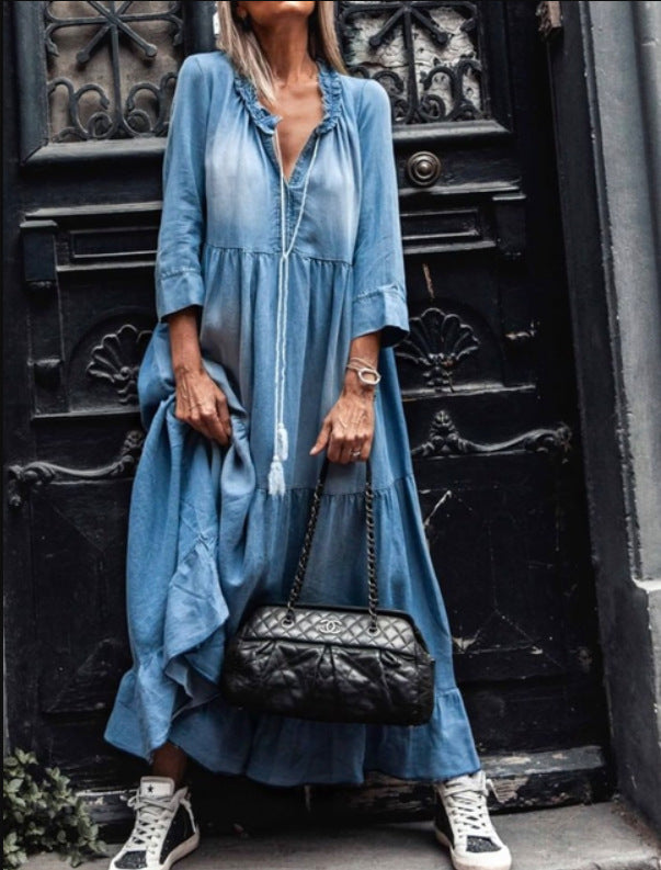 Blue Bell Sleeve Maxi Denim Dress