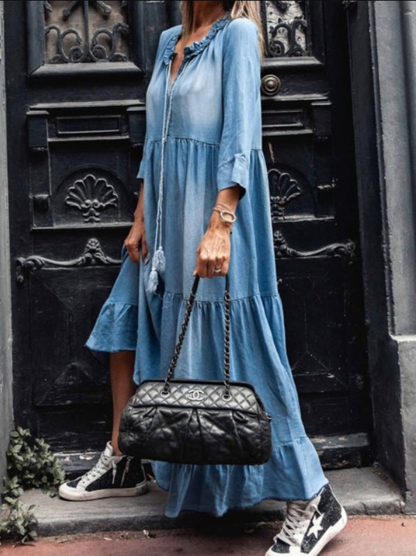 Blue Bell Sleeve Maxi Denim Dress