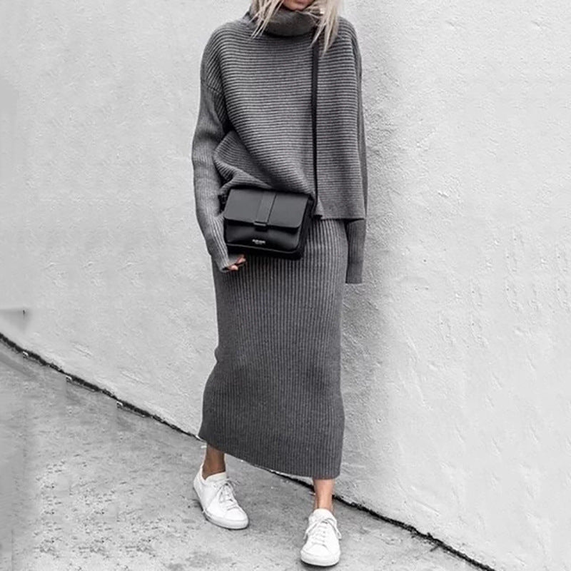 Grey High Neck Long Sleeve Sweater Two Piece Set
