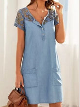 Load image into Gallery viewer, Light Blue Lace Patchwork Denim Mini Dress
