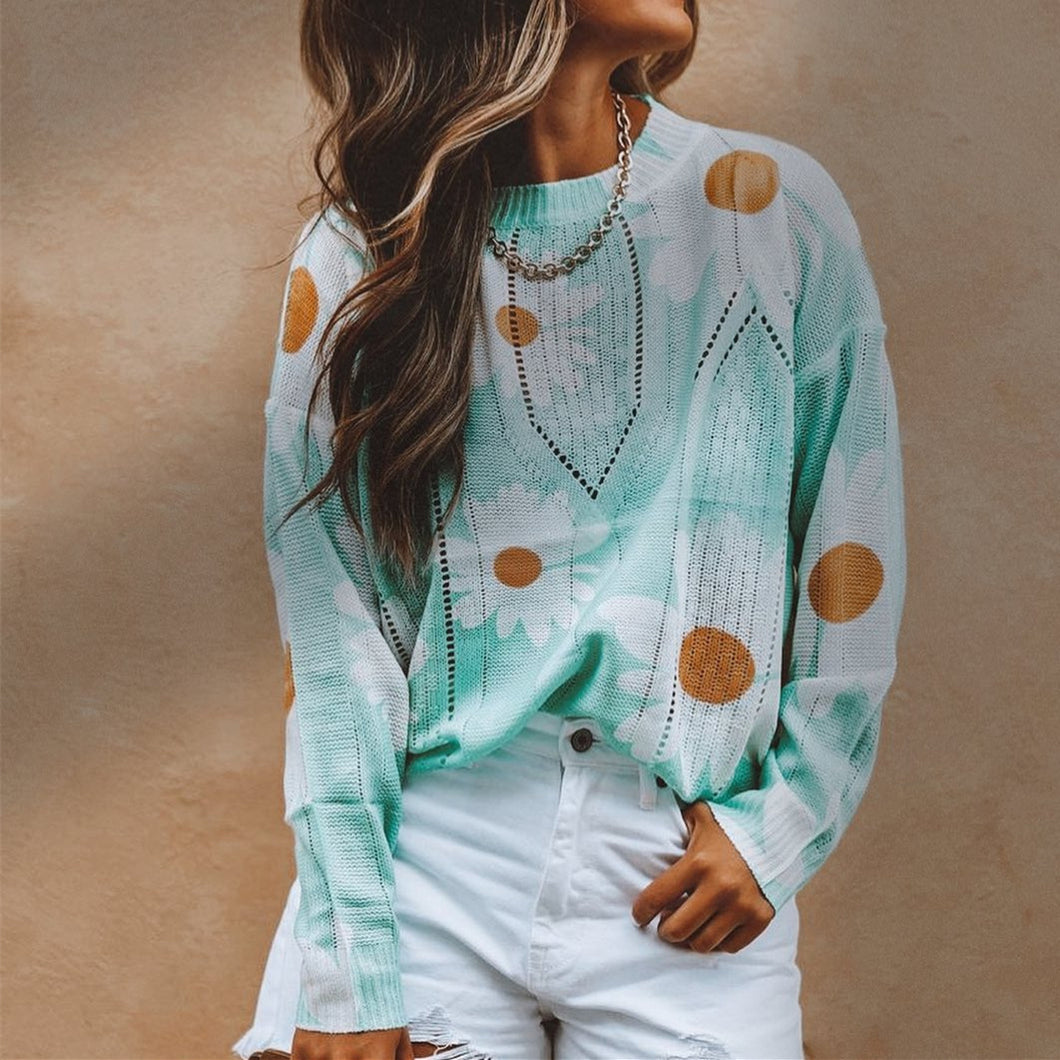 Light Blue Daisy Print Long Sleeve Sweater