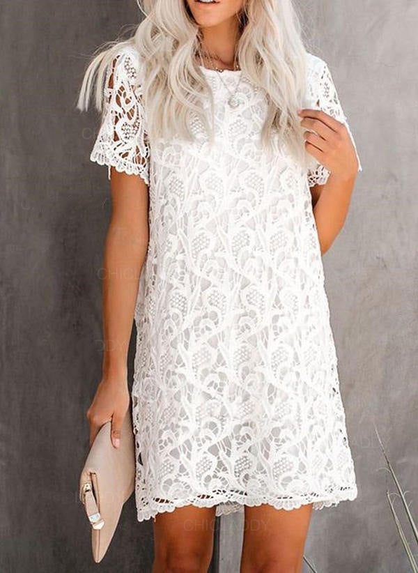 White Short Sleeve Shift Mini Lace Dress