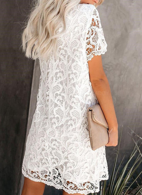 White Short Sleeve Shift Mini Lace Dress