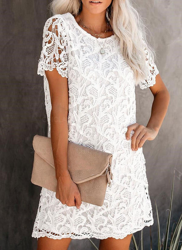 White Short Sleeve Shift Mini Lace Dress