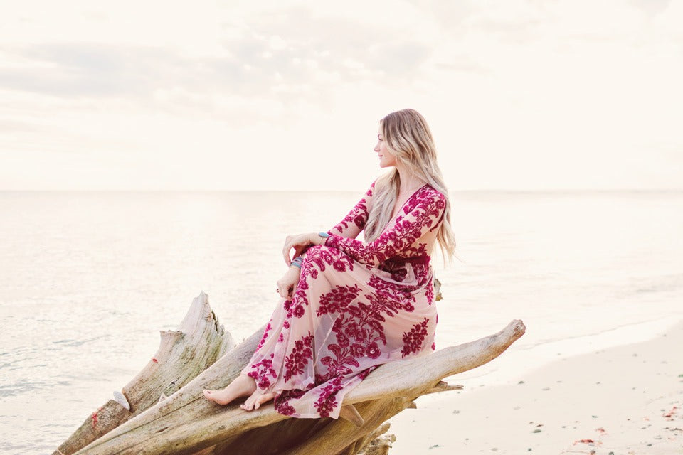 Embroidery Lace Sheer Long Sleeve Deep V Neck Boho Bohemian Beach Dress Gown