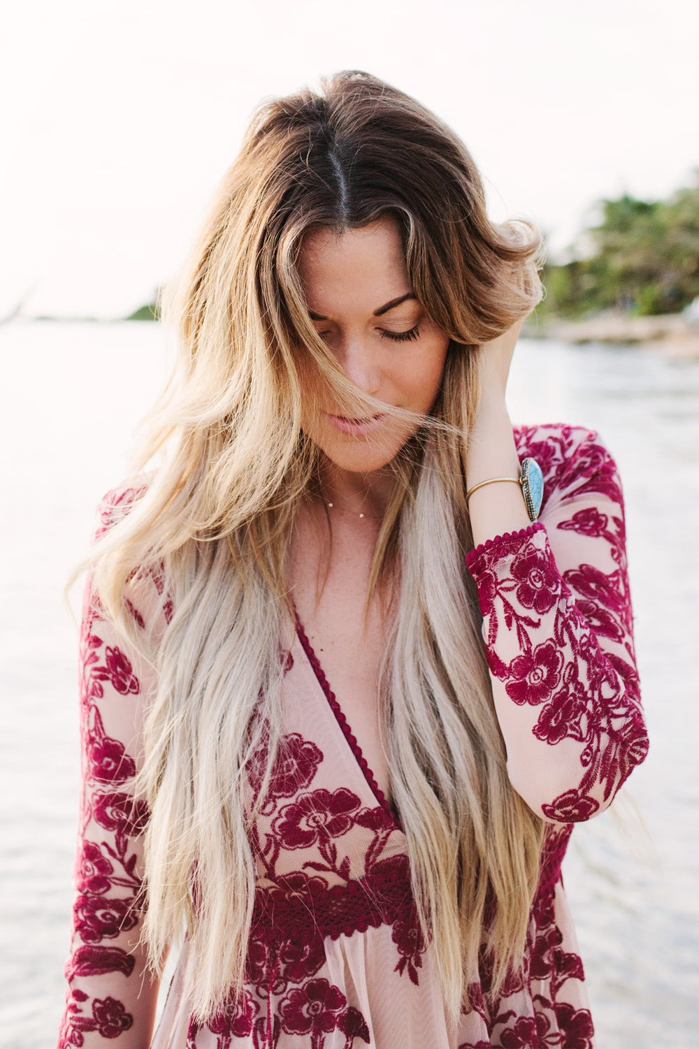 Embroidery Lace Sheer Long Sleeve Deep V Neck Boho Bohemian Beach Dress Gown