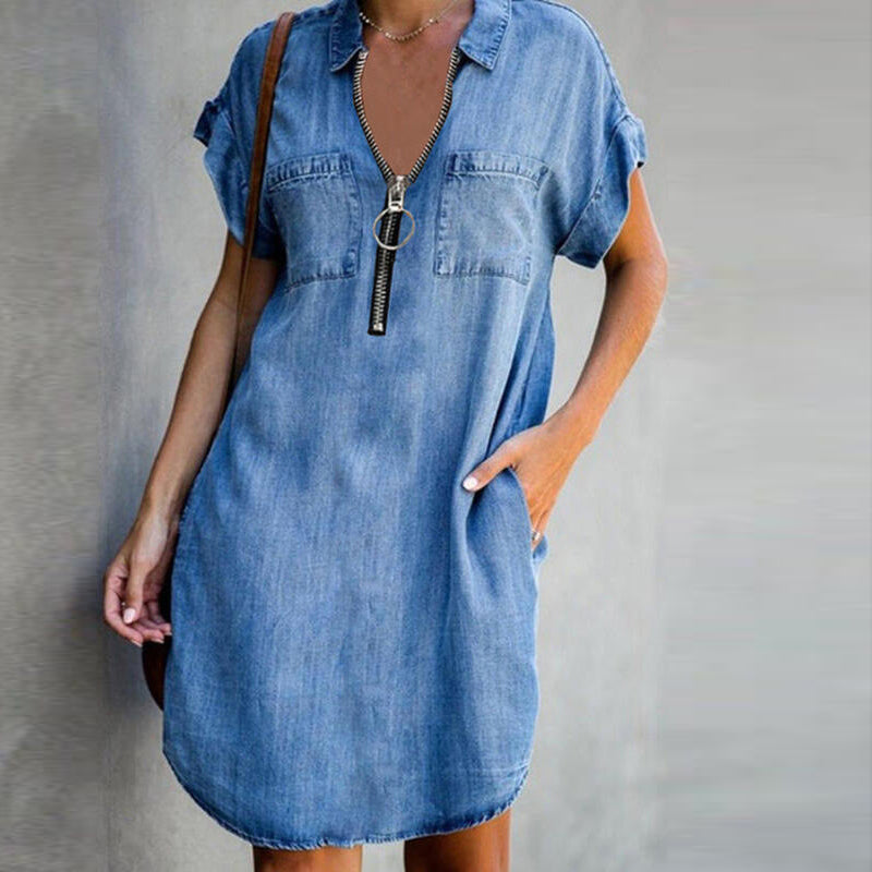 Blue Collar Short Sleeve Zipper Denim Mini Dress