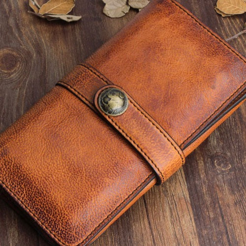 Handmade Leather Cool Long Leather Wallet Bifold Clutch Wallet