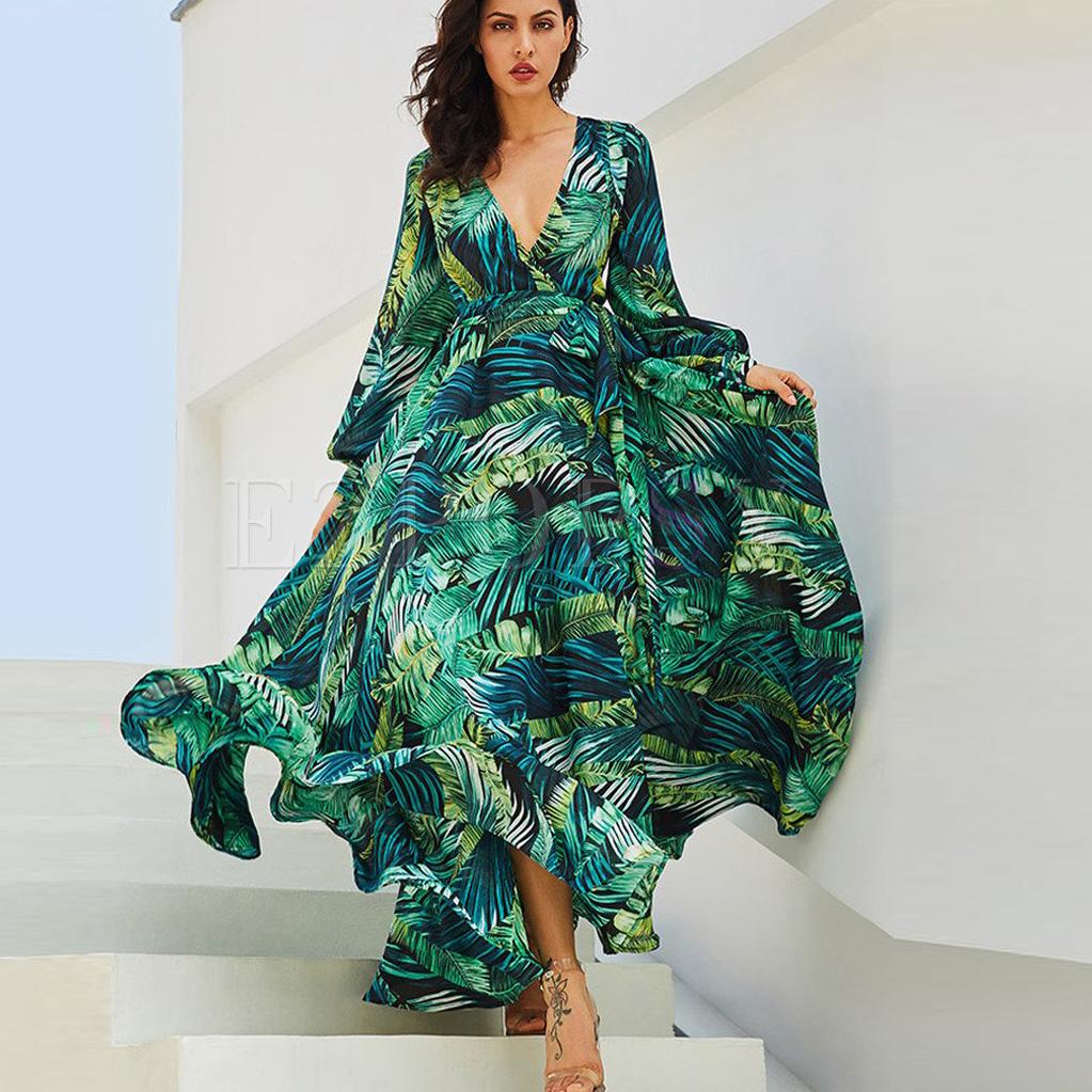 Fashion Floral V-neck Long Sleeve Maxi Dress