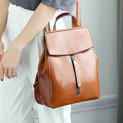 Brown Zipper Convertible Leather Backpack