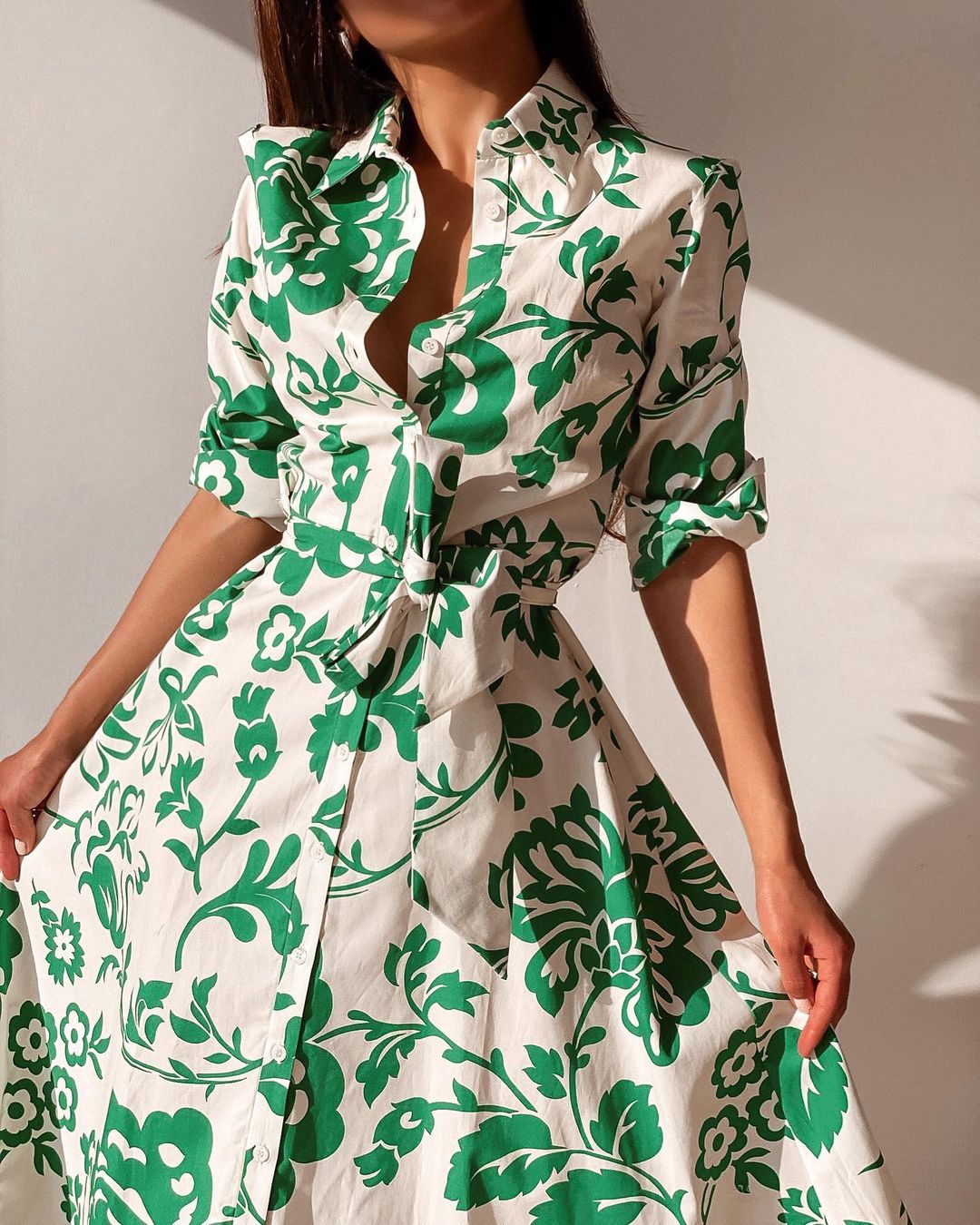Green Collar Long Sleeve Floral Midi Dress