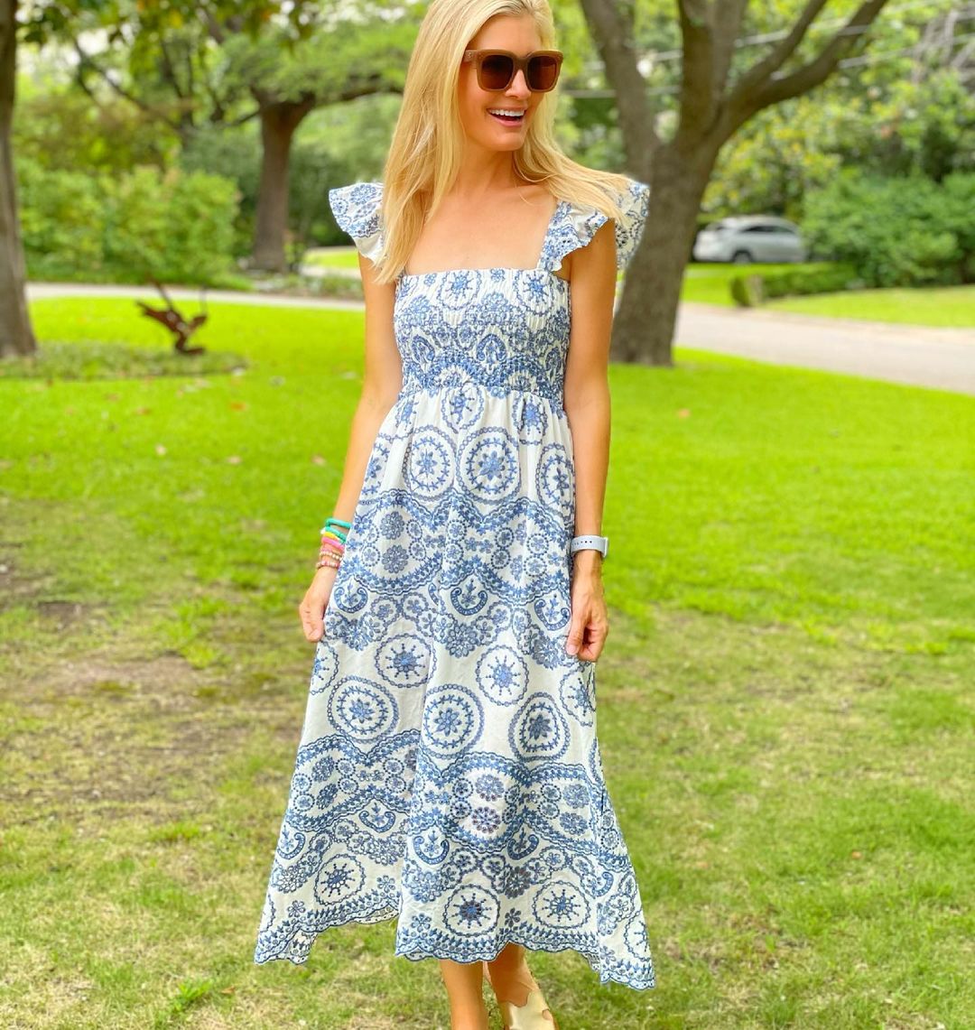 Blue Embroidery Hollow Out Midi Dress