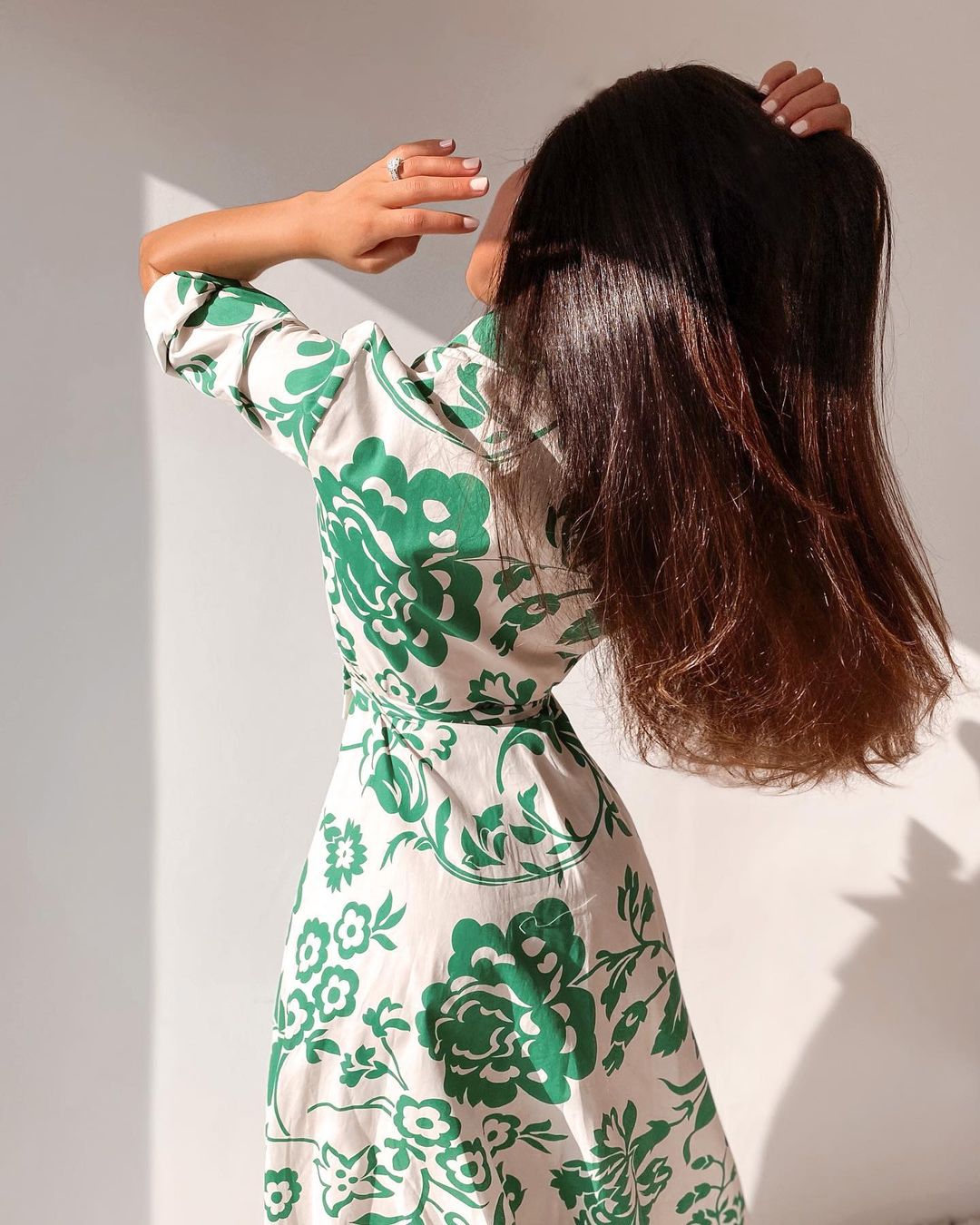 Green Collar Long Sleeve Floral Midi Dress