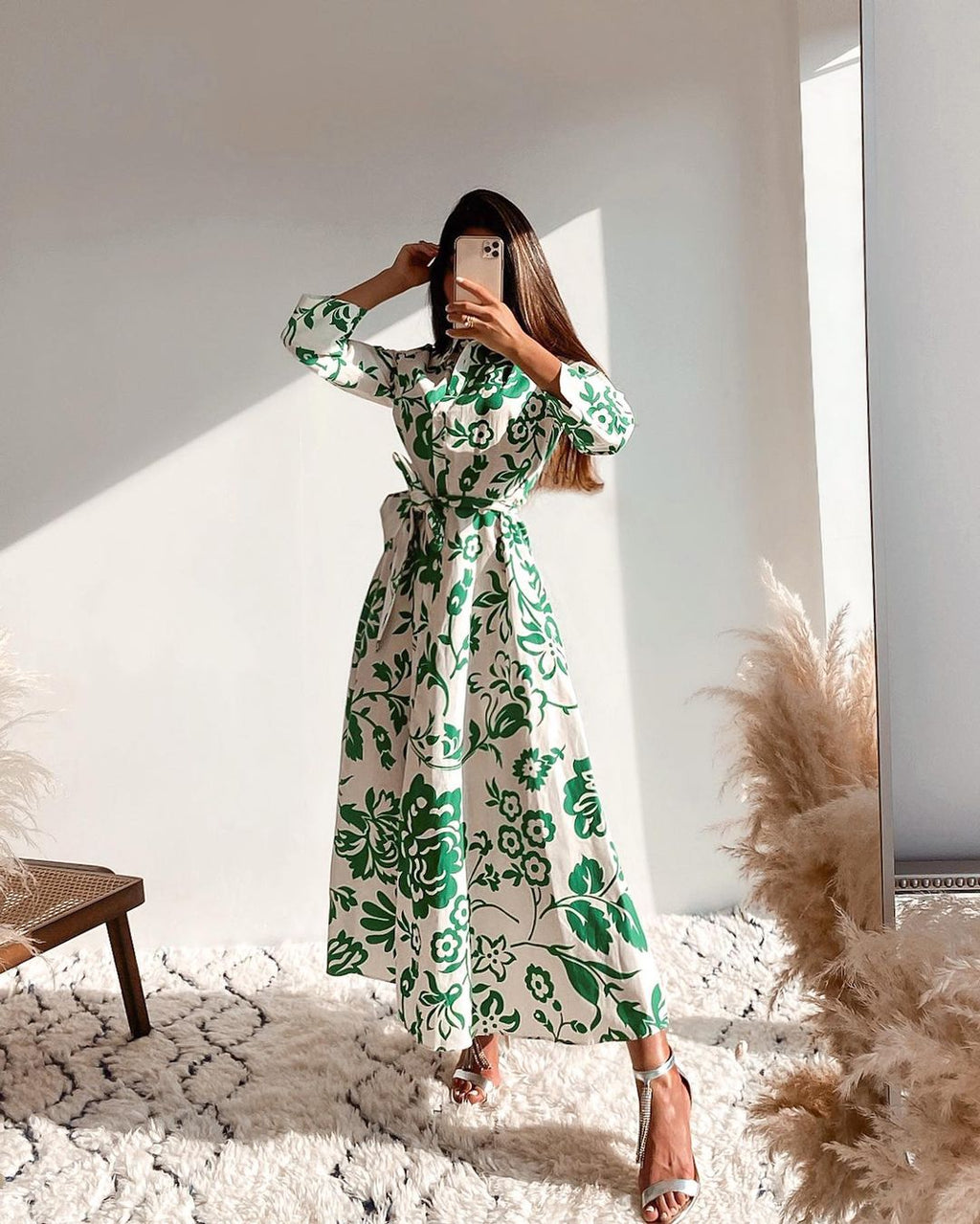 Green Collar Long Sleeve Floral Midi Dress