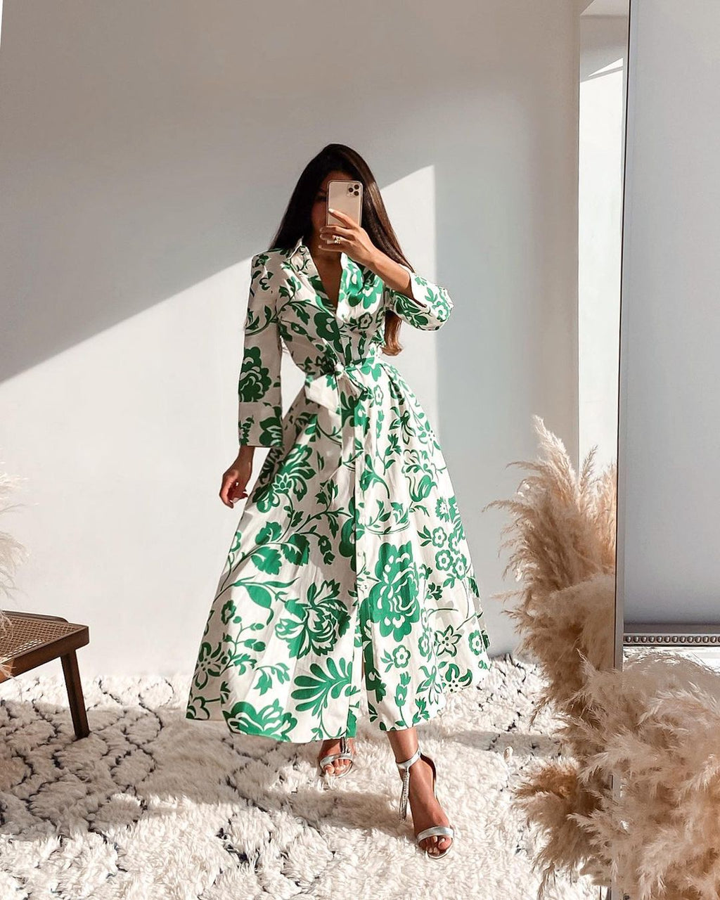 Green Collar Long Sleeve Floral Midi Dress
