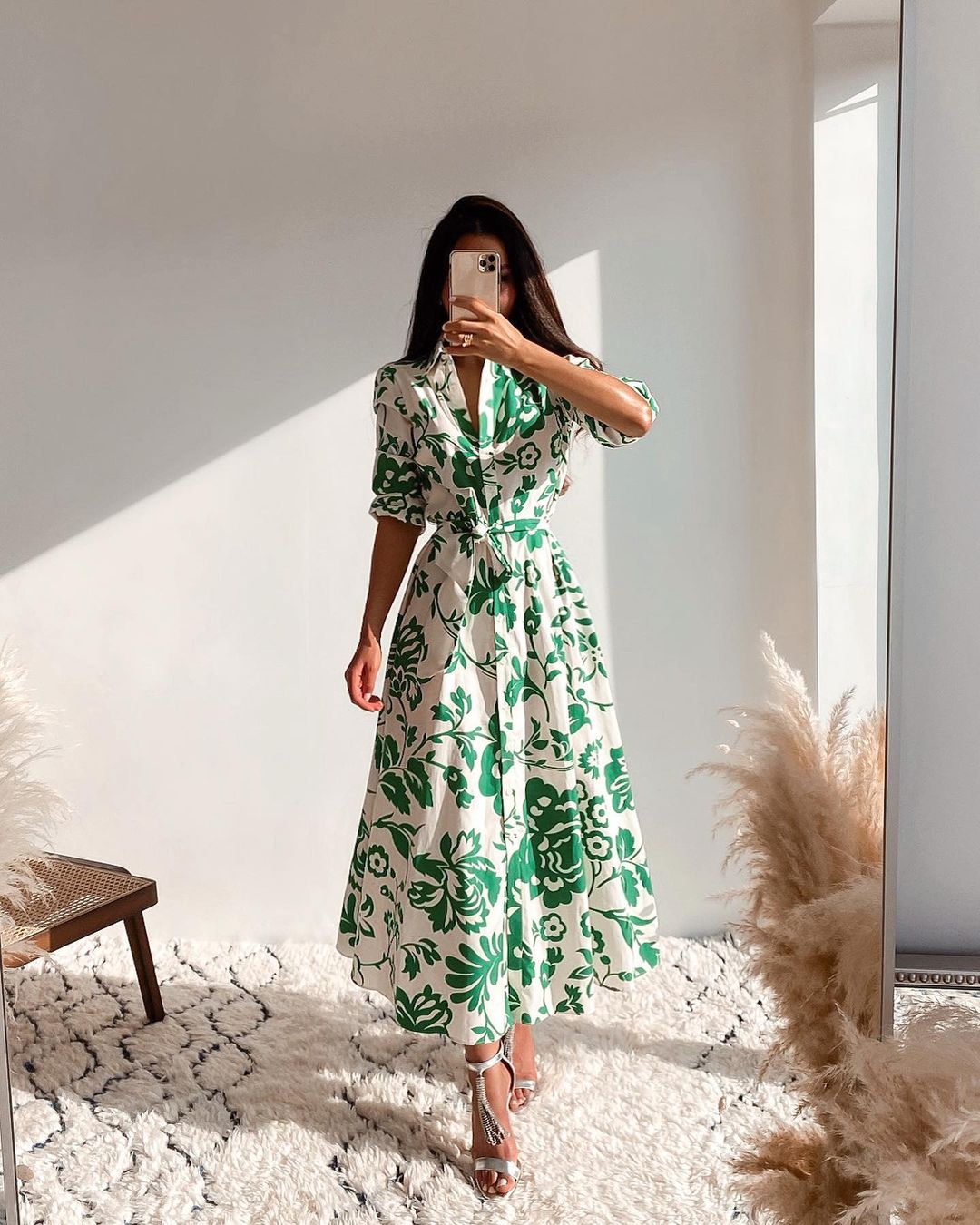 Green Collar Long Sleeve Floral Midi Dress