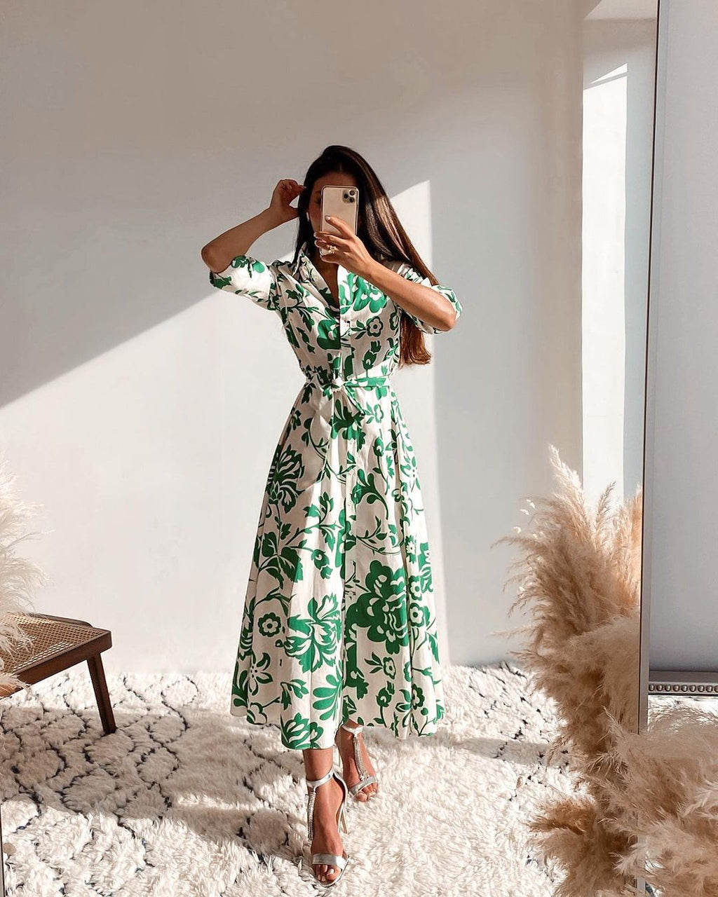 Green Collar Long Sleeve Floral Midi Dress