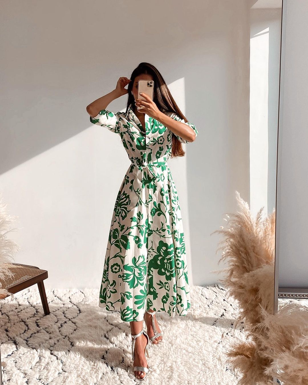 Green Collar Long Sleeve Floral Midi Dress