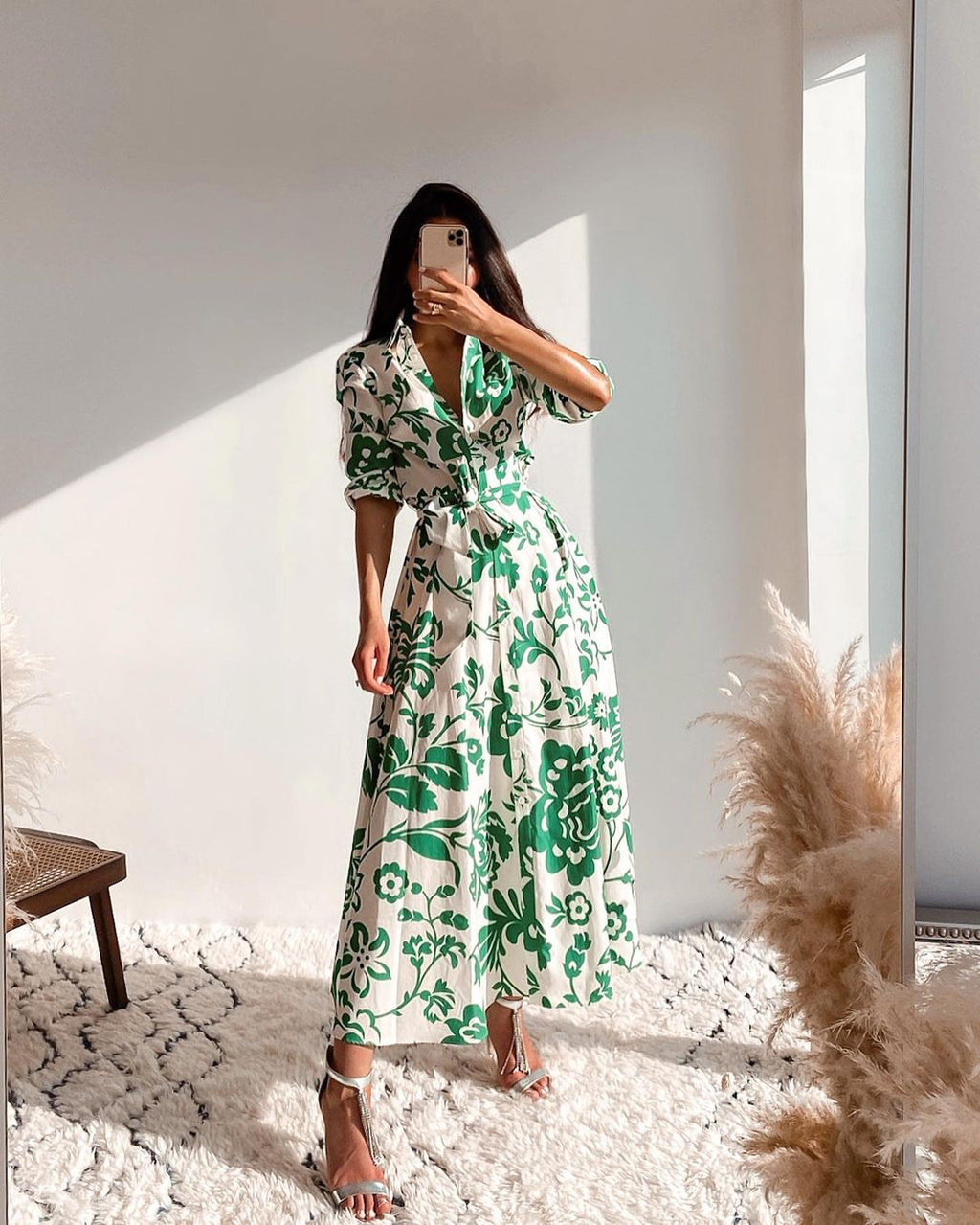 Green Collar Long Sleeve Floral Midi Dress