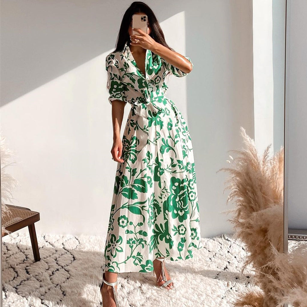Green Collar Long Sleeve Floral Midi Dress