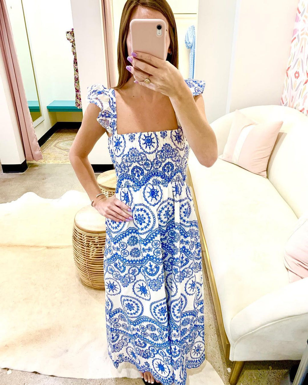 Blue Embroidery Hollow Out Midi Dress