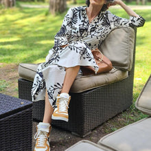 Load image into Gallery viewer, White Print Collar Long Sleeve Midi Dress
