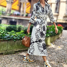 Load image into Gallery viewer, White Print Collar Long Sleeve Midi Dress
