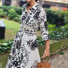 Load image into Gallery viewer, White Print Collar Long Sleeve Midi Dress
