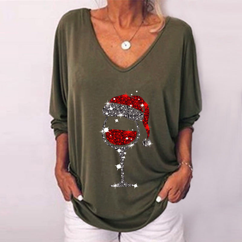 Green V-neck Print Long Sleeve Top