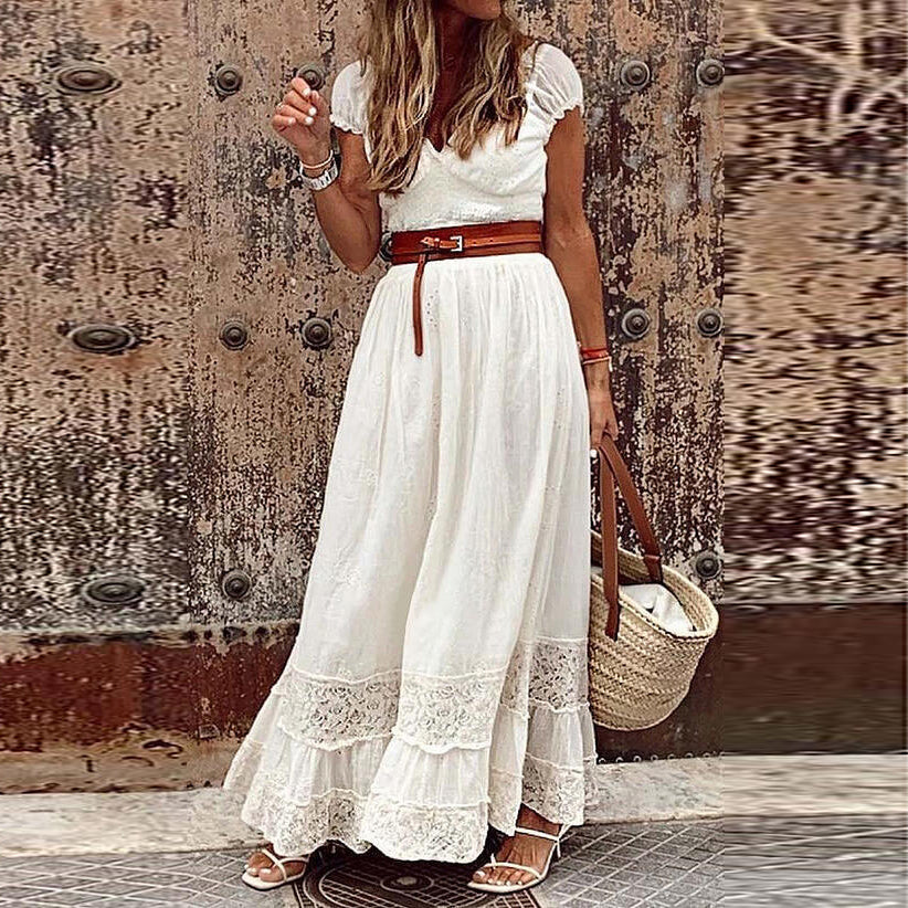 White V-neck Capped Sleeves Maxi Dress