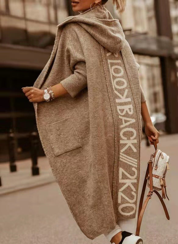 Brown Pockets Hoodied Long Cardigan