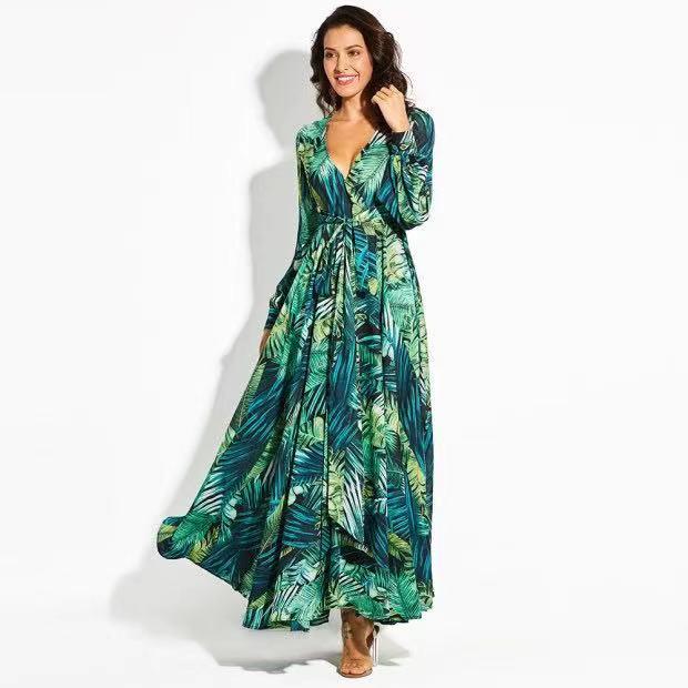 Fashion Floral V-neck Long Sleeve Maxi Dress