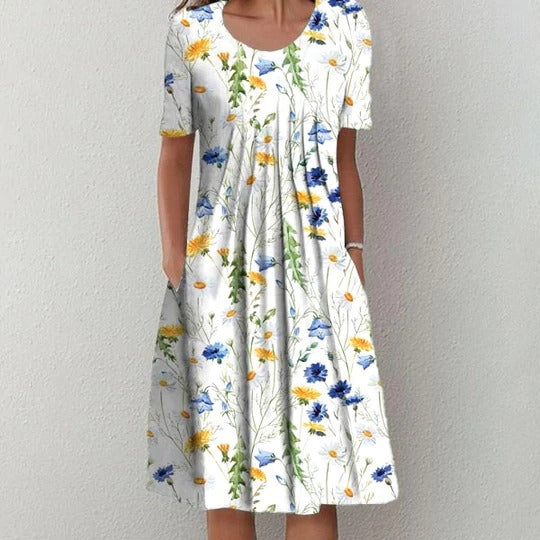 Round Neck Casual Loose Floral Print Short Sleeve Midi Dress