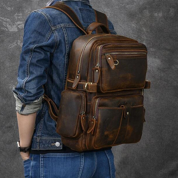 Mens Full Grain Leather 14 Inches Laptop Backpack