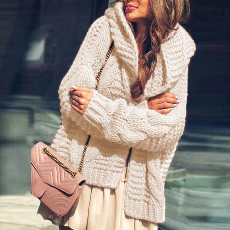 Beige Hooded Long Sleeve Oversize Fashion Cardigan Sweater