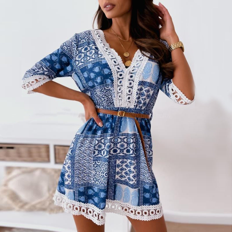 Blue Print V-neck Lace Mini Dress