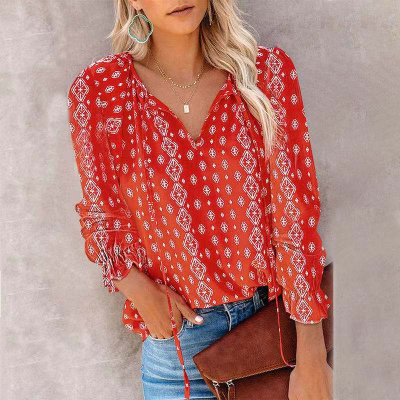 Red Long Sleeve Print Blouse