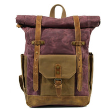 Load image into Gallery viewer, Waterproof College Weekend Travel Laptops Waxed Canvas Leather Roll top Backpack
