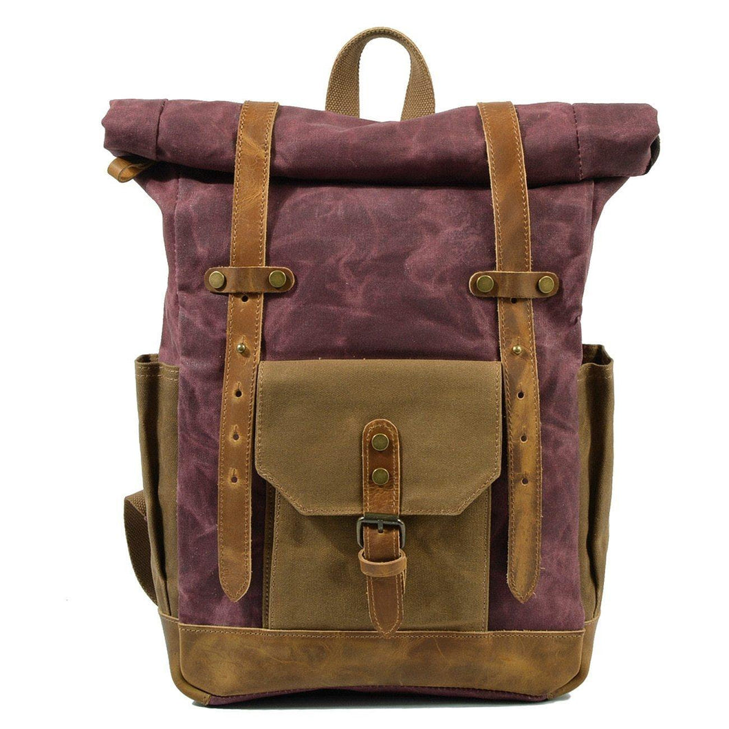 Waterproof College Weekend Travel Laptops Waxed Canvas Leather Roll top Backpack