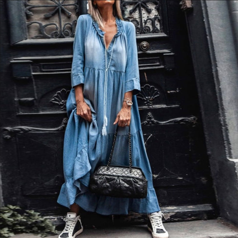 Blue Bell Sleeve Maxi Denim Dress