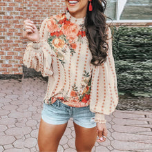 Load image into Gallery viewer, Beige Floral Long Puff Sleeve Blouse
