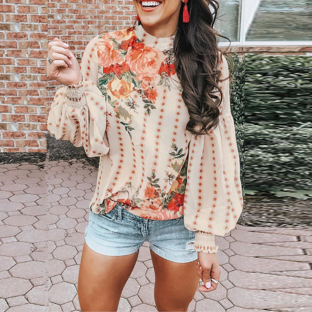 Beige Floral Long Puff Sleeve Blouse